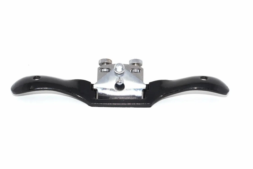 Spear & Jackson Flat Spokeshave fron square on view with black handles and silver metal chip breaker and adjuster screws