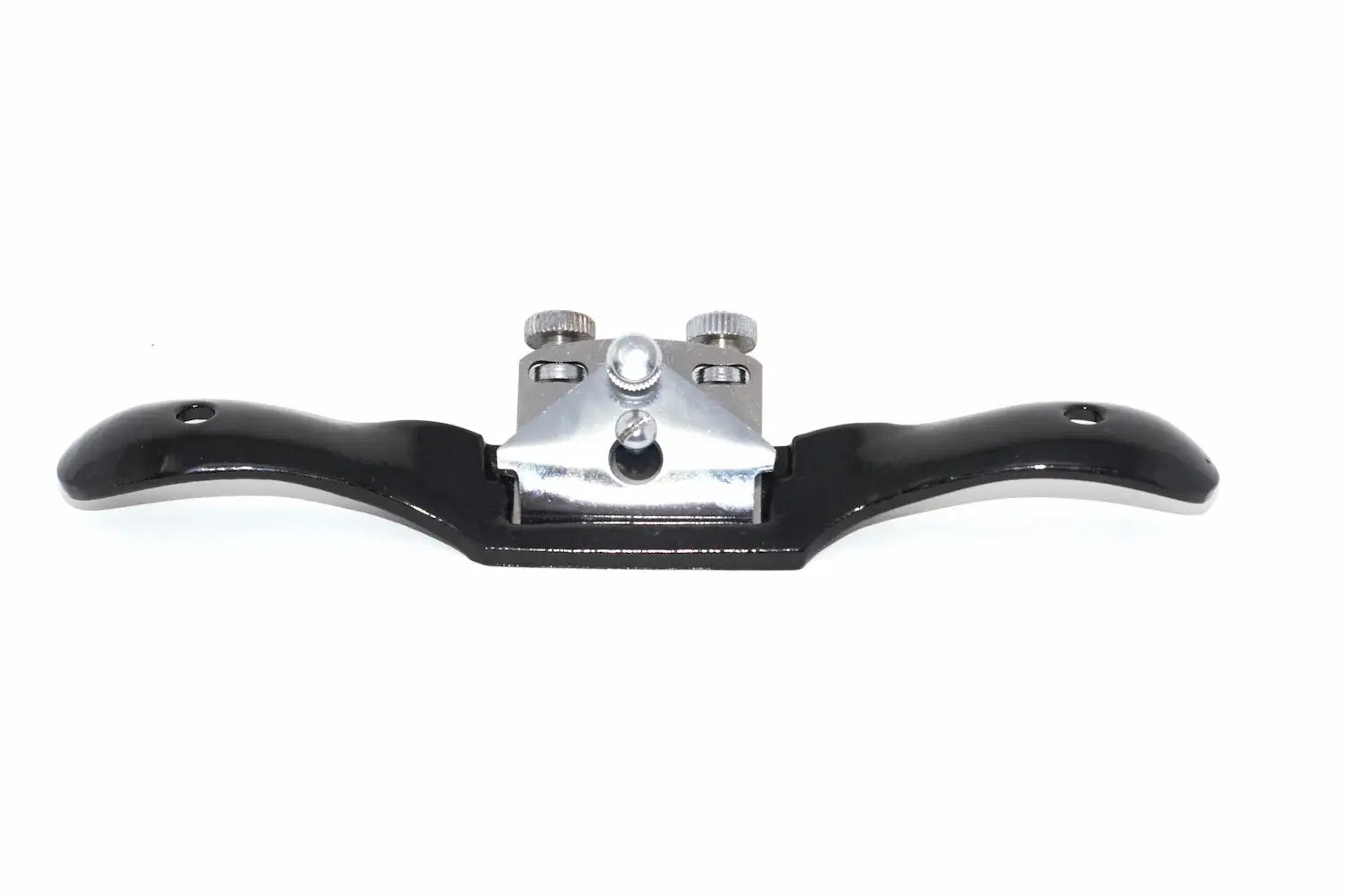Spear & Jackson Flat Spokeshave fron square on view with black handles and silver metal chip breaker and adjuster screws