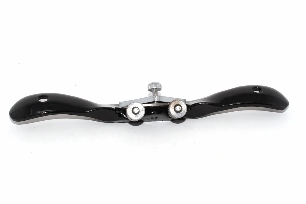 Spear & Jackson Flat Spokeshave top view with black coloured curved handle and cutter adjuster screws