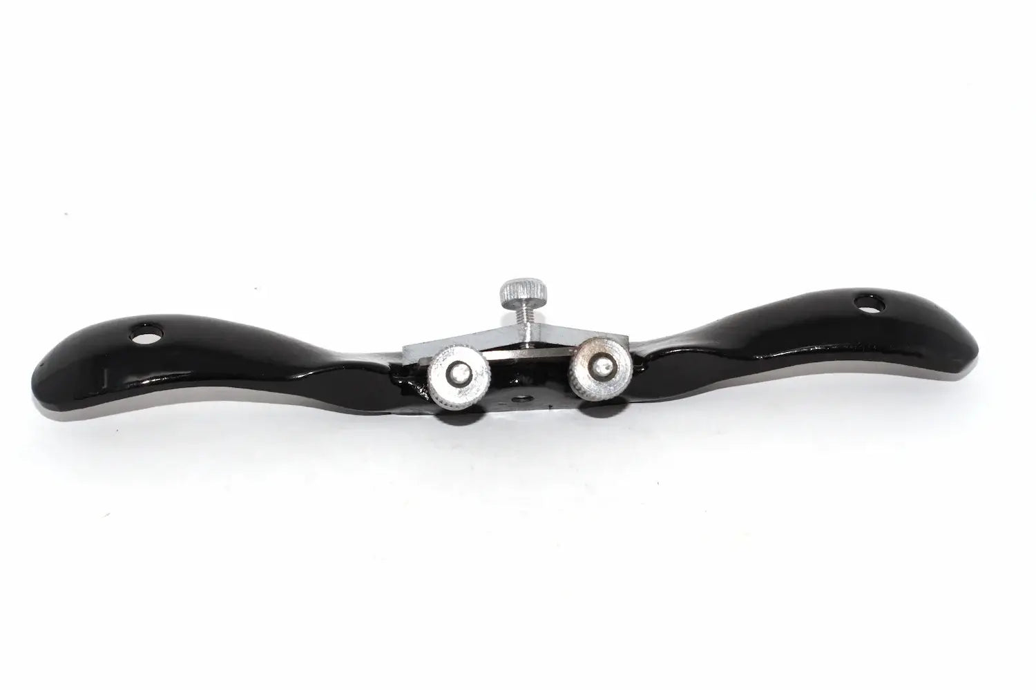 Spear & Jackson Flat Spokeshave top view with black coloured curved handle and cutter adjuster screws
