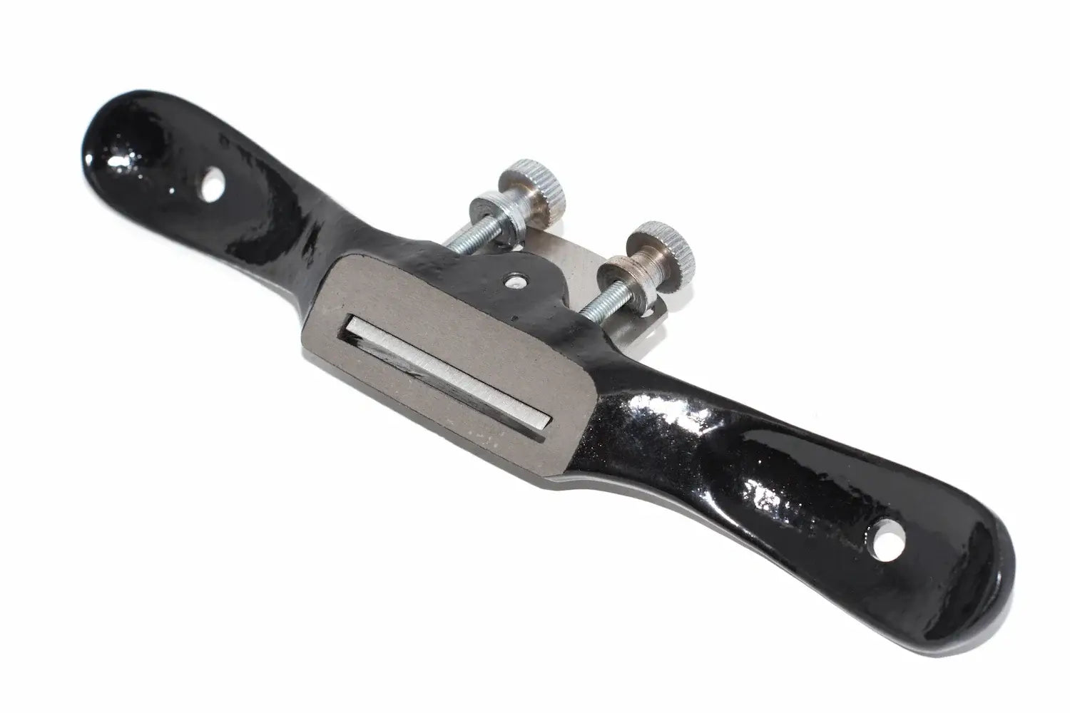 Spear & Jackson flat Spokeshave with black handles viewed from underneath and flat ground blade recess