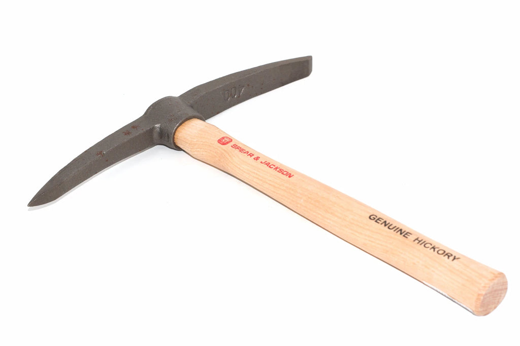 Spear & Jackson pick & chisel hammer hand tool with a dark gray steel head and a light natural wood handle, shown on a plain white background.
