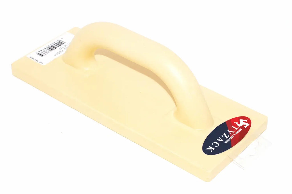Spear & Jackson Tyzack 11" Plastic Float yellow colour with a curved handle and a red and blue Tyzack logo sticker on the bottom right, set against a plain white background.