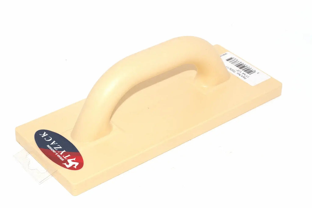 Spear & jackson Tyzack 11" plastic float with a curved handle, featuring a circular Tyzack brand logo on the front and a barcode sticker on the top right.