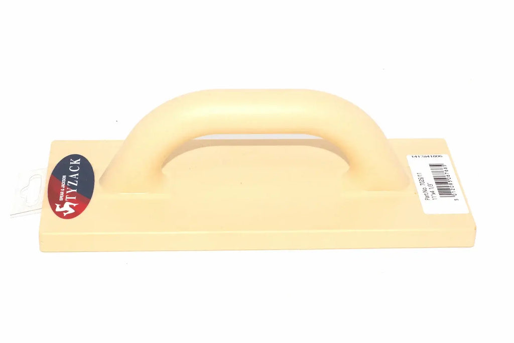 Spear & Jackson Tyzack 11" plastic float with a curved ergonomic handle and a branded sticker on the left side, photographed on a white background.