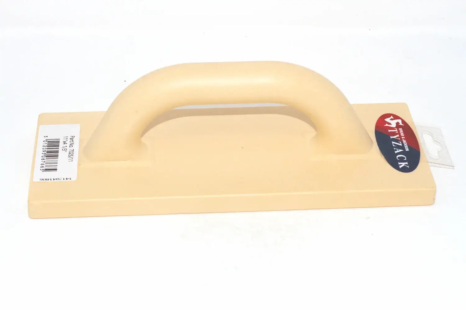 Spear & Jackson Tyzack 11" Plastic Float l with a curved handle, finished in a light beige color, shown with its retail packaging on a white background.