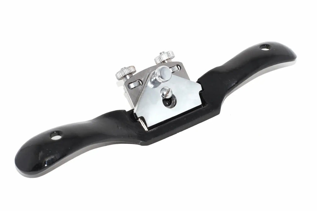 Spear & Jackson Flat Spokeshave with black ergonomic handles and a silver metal blade and mounting plate