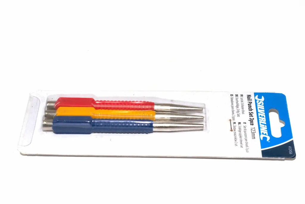 Silverline 3pc Nail Punch Set by Cherry Tree Tools with square colour-coded polypropylene jackets