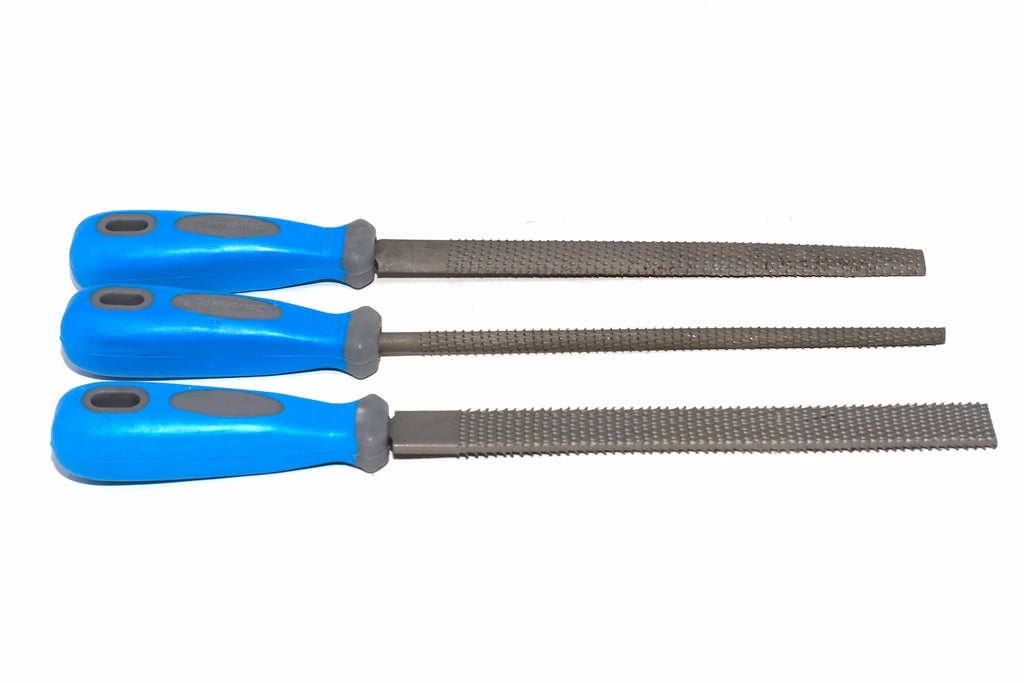 Silverline 3pc Rasp Set by Cherry Tree Tools with blue polypropylene soft grip handles, hardened steel blades