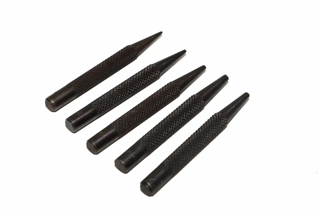 Silverline 5pc nail punch set Five black metal punch tools with knurled textured handles, arranged diagonally on a plain white background.