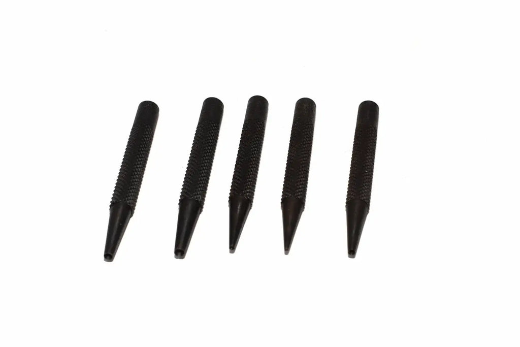Silverline 5pc nail punch set Five black textured metal punch tools arranged in a row on a plain white background.
