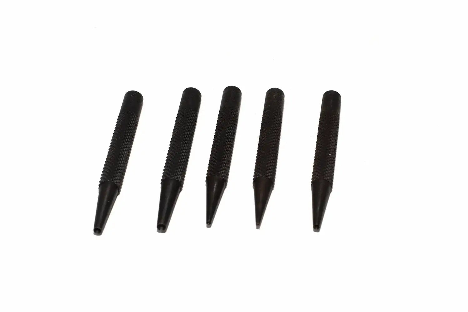Silverline 5pc nail punch set Five black textured metal punch tools arranged in a row on a plain white background.