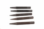 Silverline 5pc nail punch set Five dark metal punch tools with textured knurled handles, arranged vertically on a plain white background.