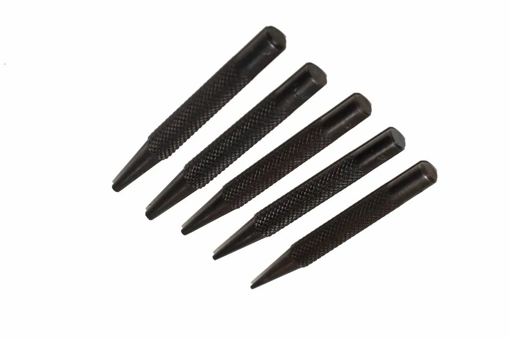 Silverline 5pc nail punch set Five black metal punch tools with knurled textured handles, arranged diagonally on a plain white background.