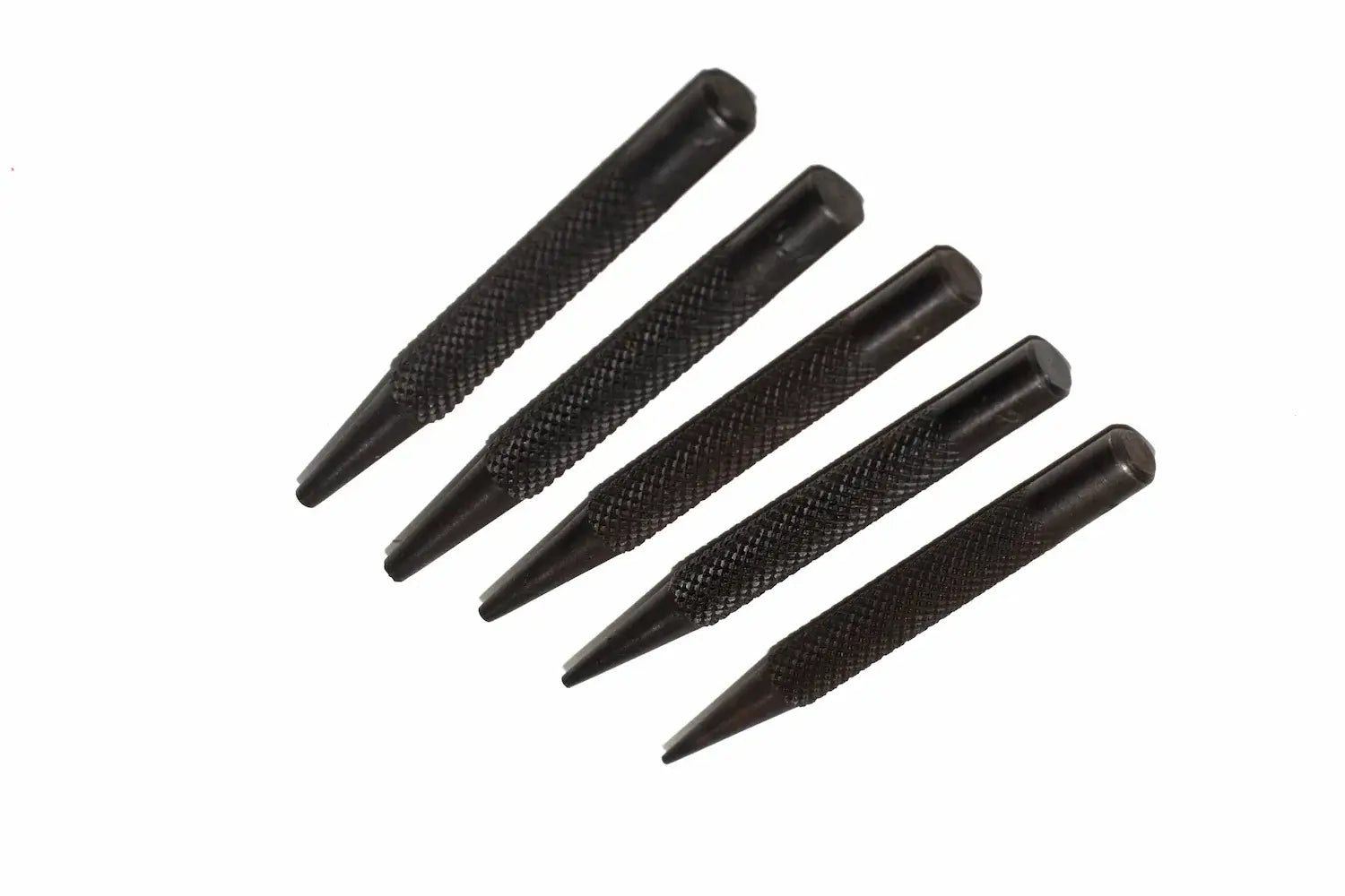 Silverline 5pc nail punch set Five black metal punch tools with knurled textured handles, arranged diagonally on a plain white background.