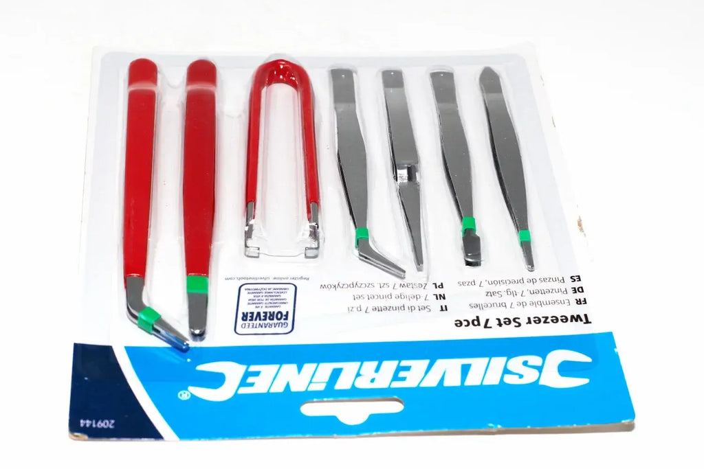 Silverline 7pc Craft Tweezers Set by Cherry Tree Tools, stainless steel tweezers with angled tips