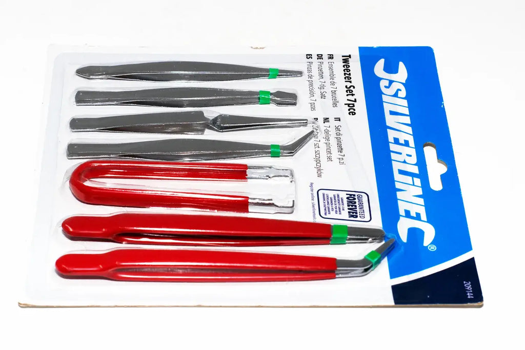 Silverline 7pc Craft Tweezers Set by Cherry Tree Tools, stainless steel tweezers with angled tips