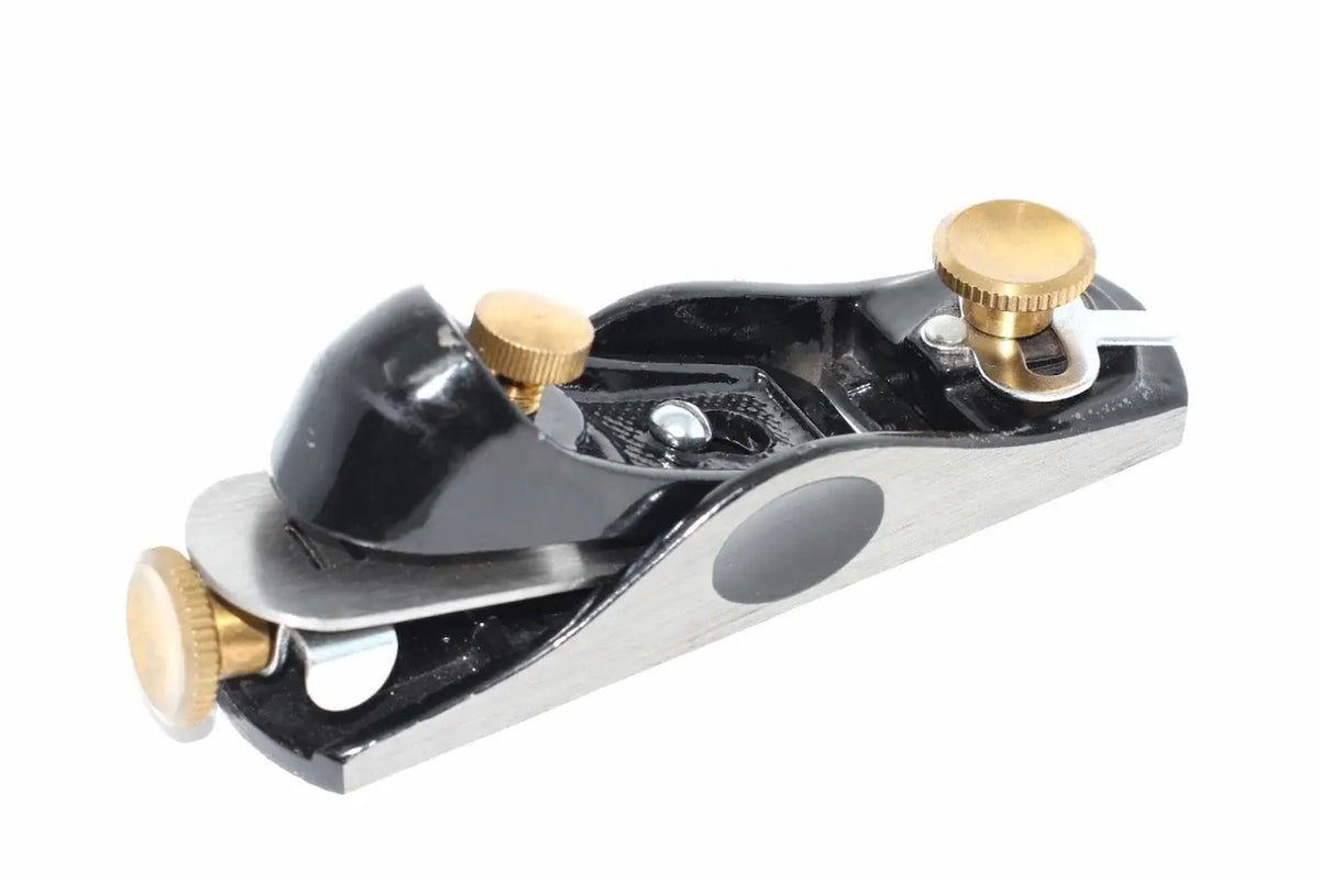Silverline No 2 Block Plane low angle by Cherry Tree Tools, black and silver cast iron body with brass knobs