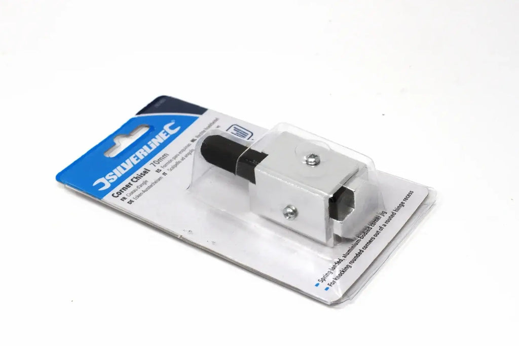Silverline 70mm Corner Chisel in packaging, precision woodworking tool for sharp corner cuts.