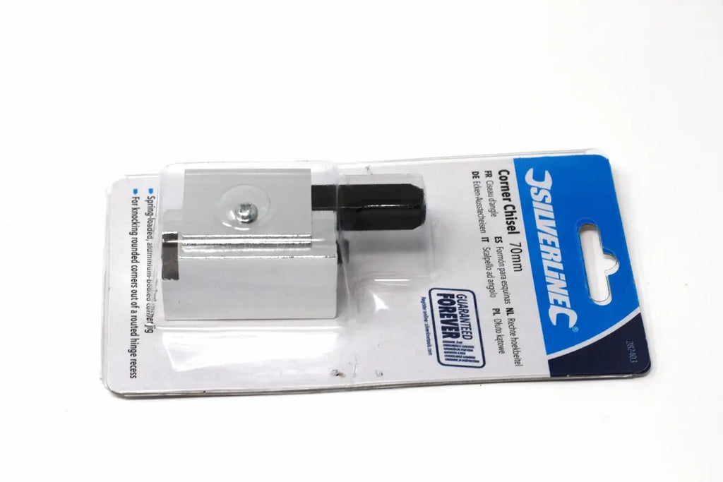 Silverline 70mm Corner Chisel in packaging, showcasing a precision woodworking tool for sharp corner cuts.
