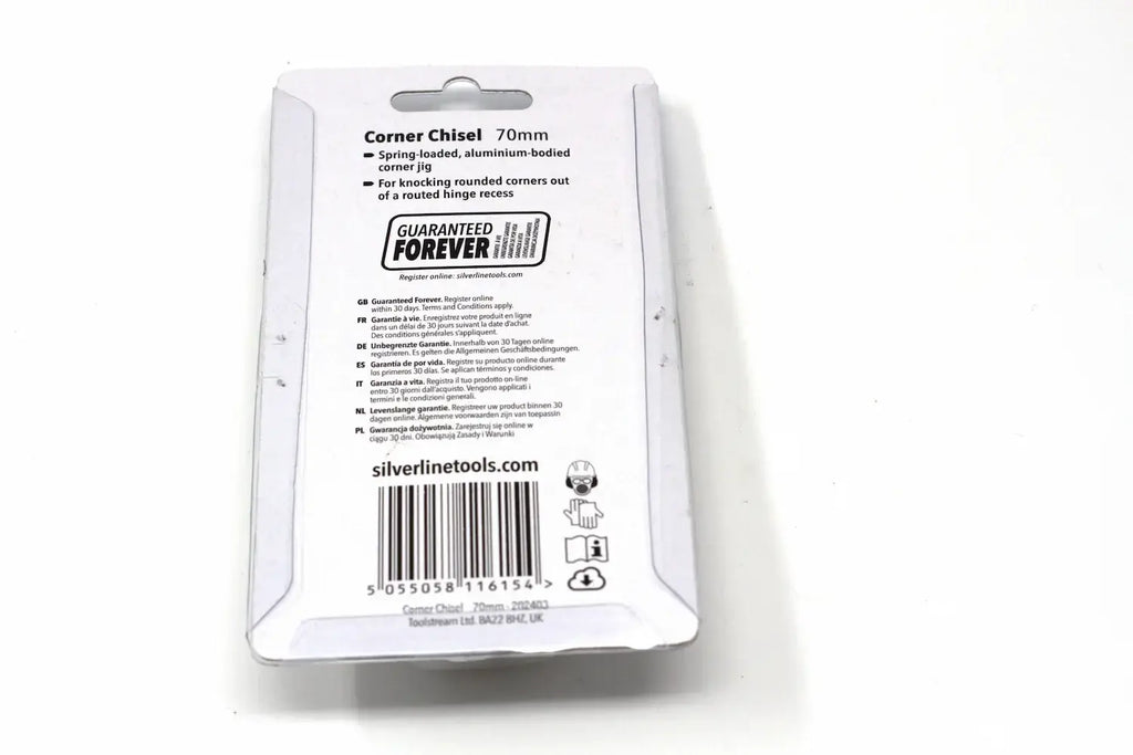 Silverline 70mm Corner Chisel packaging showing features and specifications for precision woodworking.