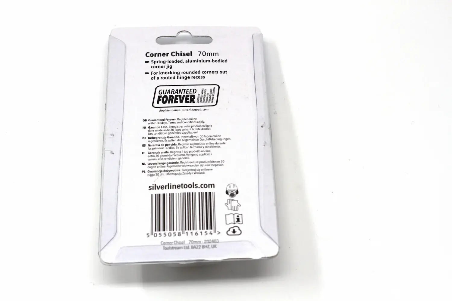 Silverline 70mm Corner Chisel packaging showing features and specifications for precision woodworking.