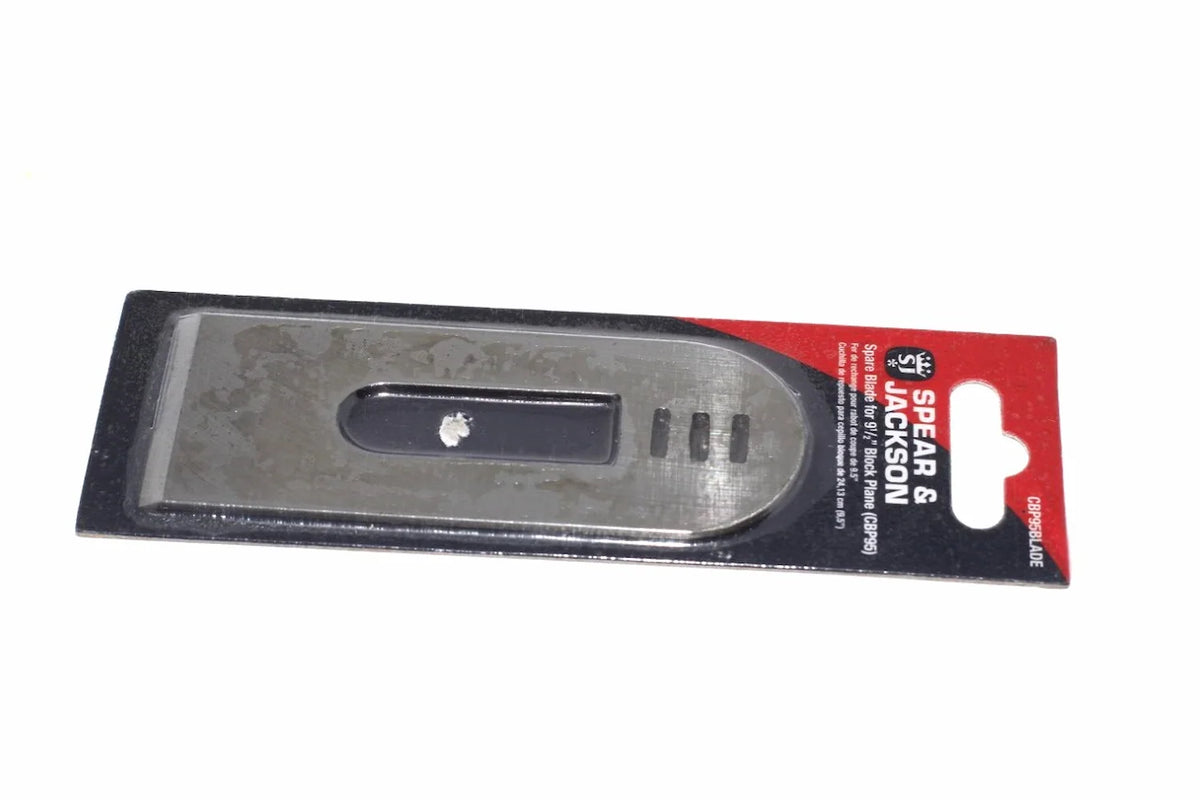 Spear & Jackson block plane blade 9 1/2, metallic high carbon steel in clear blister packaging from Cherry Tree Tools.