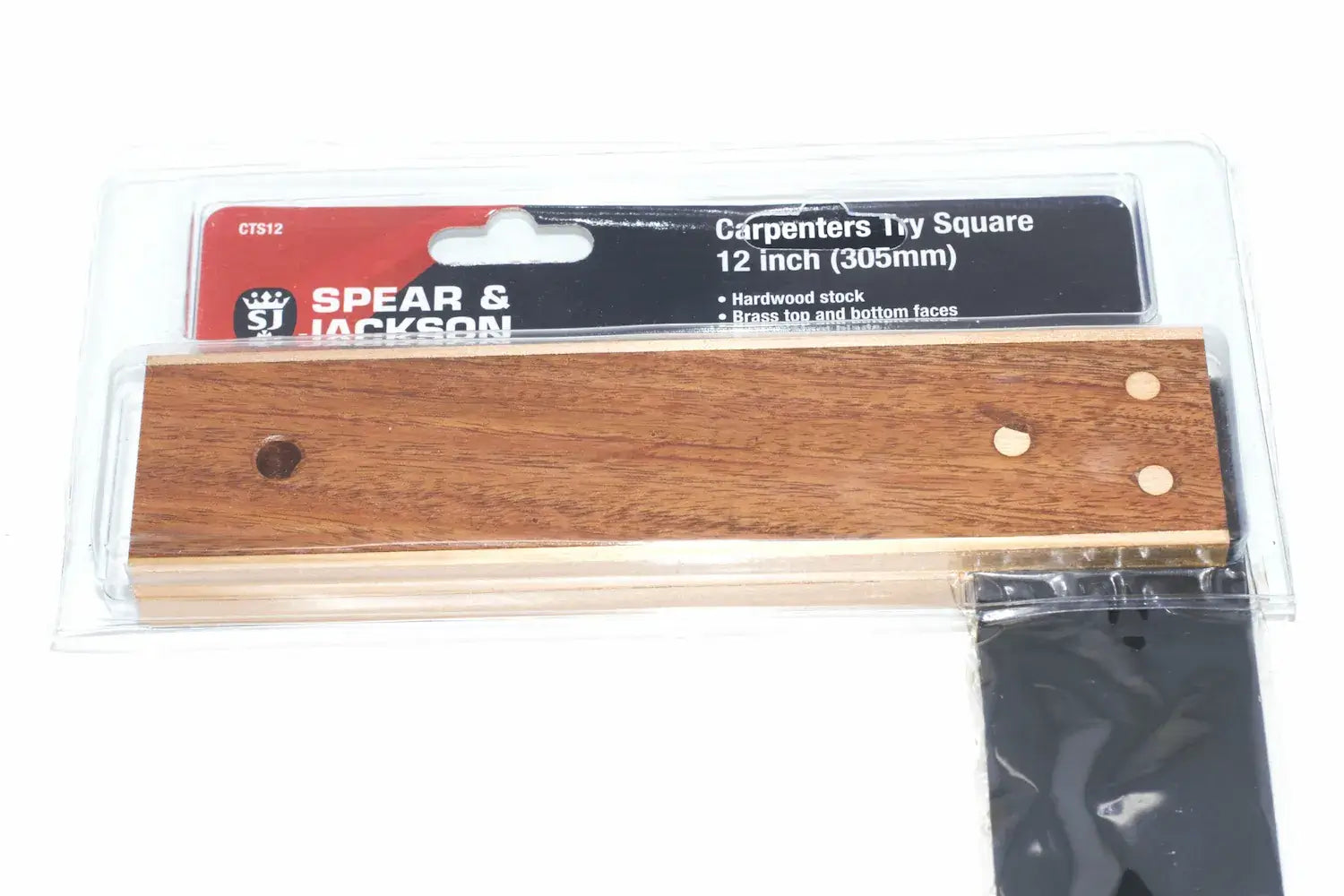 Spear & Jackson 12 Try Square showing hardwood stock and brass edges, ideal for woodworking and metalworking precision.