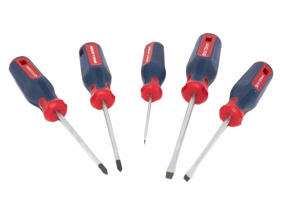 Spear & Jackson 5pc Screwdriver set by Cherry Tree Tools with magnetic steel tips in red and navy