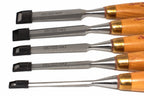 Spear & Jackson 5pc Wood Chisels Set showing various sizes and details of blades, handcrafted in Sheffield, England.