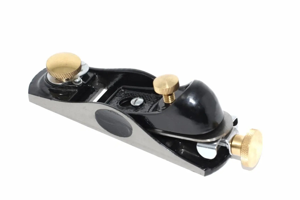 Spear & Jackson Block Plane 6 1/2 by Cherry Tree Tools, black and brass adjustable mouth for depth setting