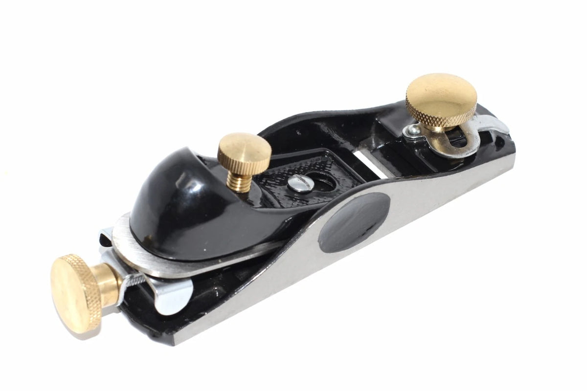 Spear & Jackson Block Plane 6 1/2 by Cherry Tree Tools, black ductile cast iron body with brass adjusters