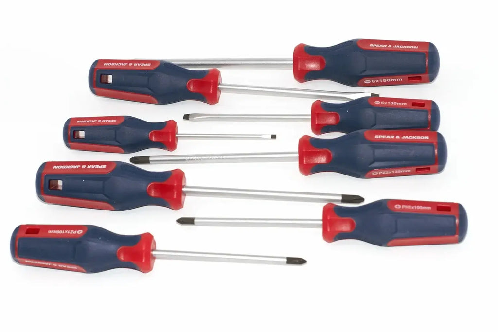 Spear & Jackson 8pc Screwdriver Set by Cherry Tree Tools, red and navy, magnetic tips for quick bit changes