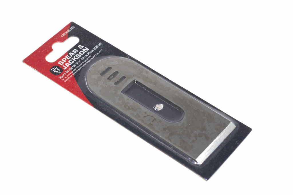 Spear & Jackson block plane blade in grey high carbon steel with protective packaging, supplied by Cherry Tree Tools.
