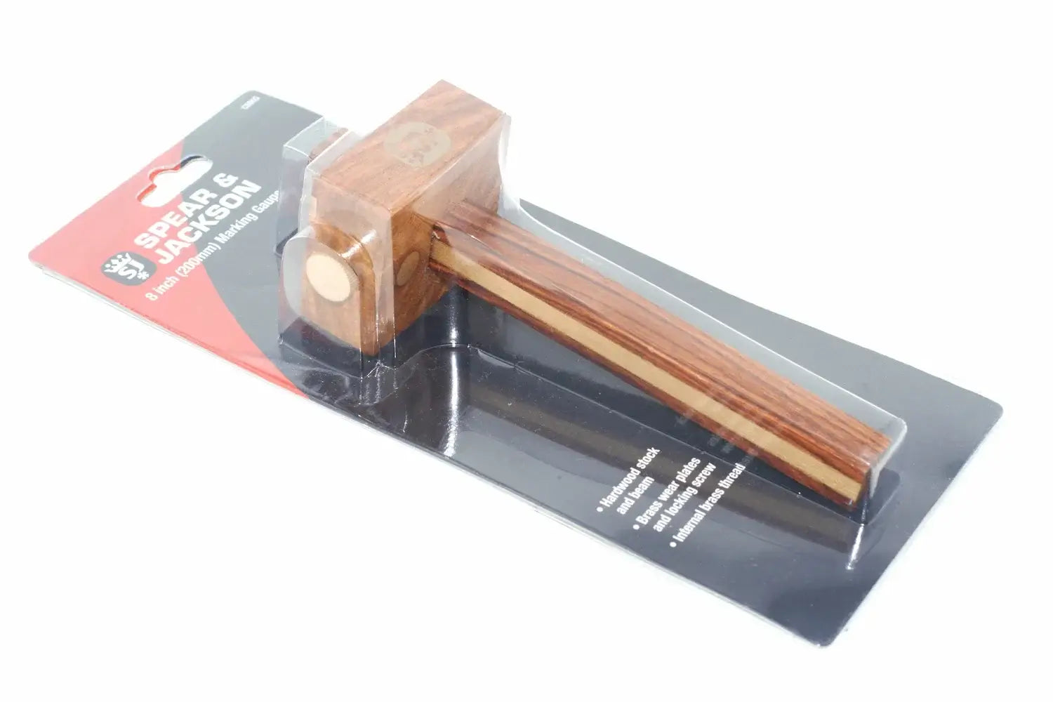 Spear & Jackson 8 Marking Gauge showing wood construction and packaging design for precision marking tool.