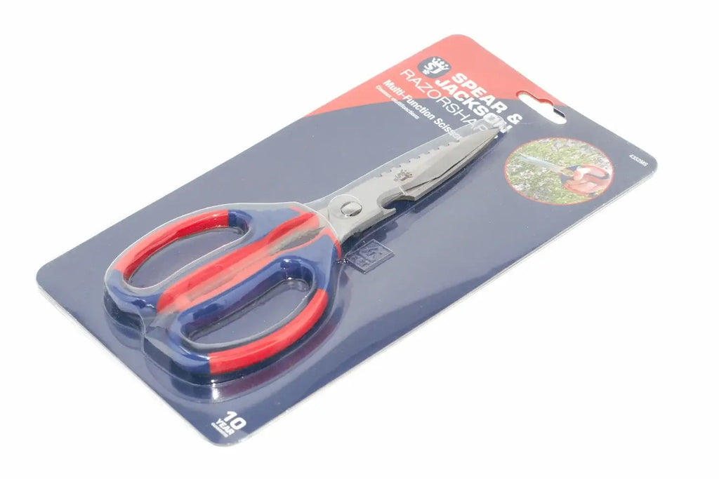 Spear & Jackson Razorsharp Scissors multi - purpose  by Cherry Tree Tools with red and blue soft grip handles