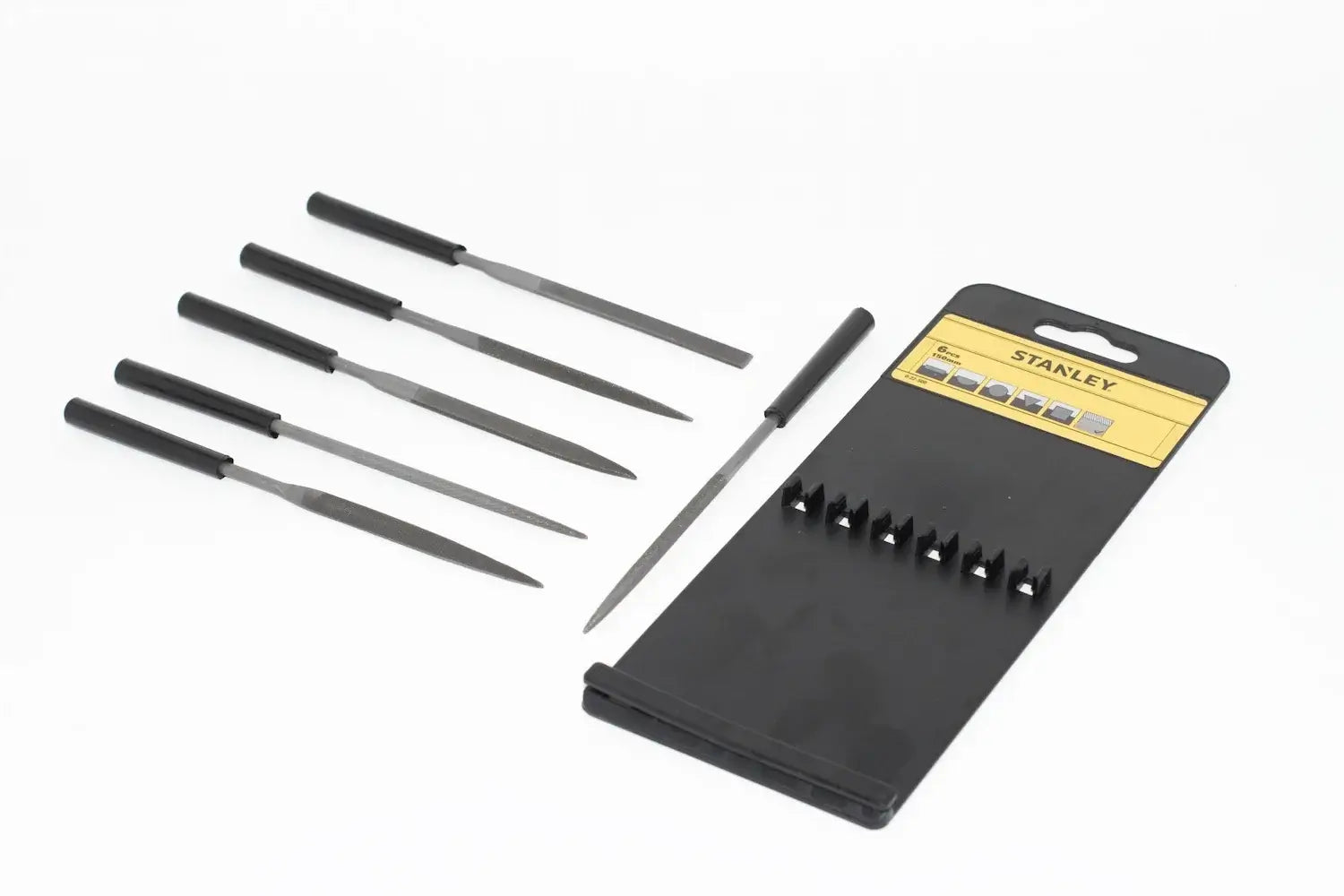 Stanley 6 piece Needle File Set by Cherry Tree Tools in black with plastic storage rack for fine modelling