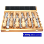 Rolson 12pc Wood Carving Chisel Set displayed in a wooden box showcasing 12 high-quality chisels with ergonomic handles.
