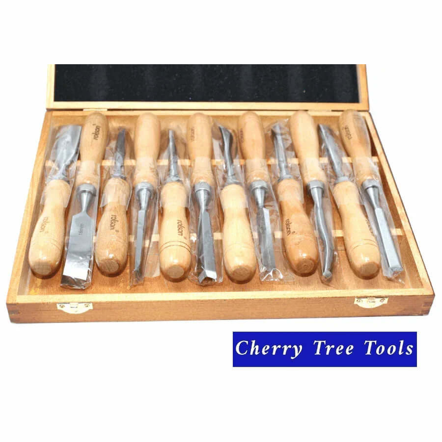 Rolson 12pc Wood Carving Chisel Set displayed in a wooden box showcasing 12 high-quality chisels with ergonomic handles.