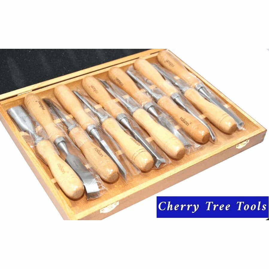 Rolson 12pc Wood Carving Chisel Set displayed inside a wooden box, showcasing durable steel blades and ergonomic handles.
