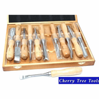 Rolson 12pc Wood Carving Chisel Set displayed in a wooden case with ergonomic handles and steel blades.