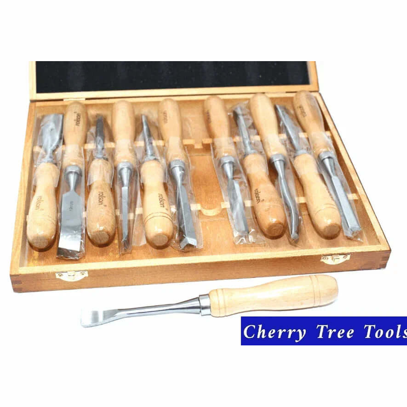 Rolson 12pc Wood Carving Chisel Set displayed in a wooden case with ergonomic handles and steel blades.