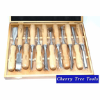 Rolson 12pc Wood Carving Chisel Set displayed in a wooden storage case with ergonomic handles.