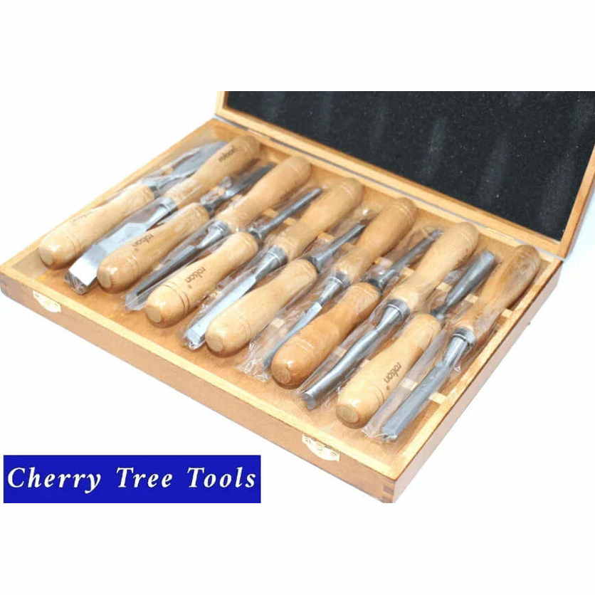 Rolson 12pc Wood Carving Chisel Set displayed in a wooden box with ergonomic handles and steel blades.