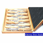 Rolson 12pc Wood Carving Chisel Set displayed in a wooden box with ergonomic handles.