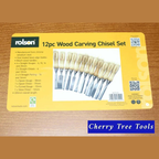Rolson 12pc Wood Carving Chisel Set 12-piece displayed on a product card with specifications and images of chisels.