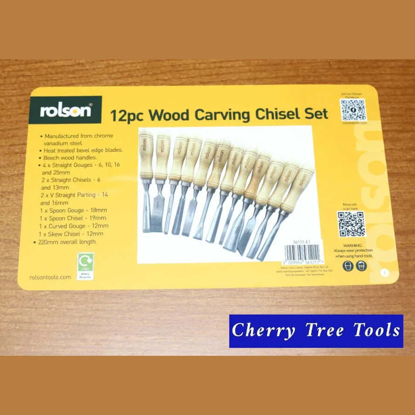 Rolson 12pc Wood Carving Chisel Set 12-piece displayed on a product card with specifications and images of chisels.