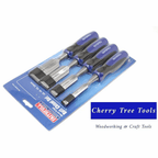 Faithfull 4pc Bevel edge Butt Chisels Set - in blue packaging showing tools for woodworking and crafts.