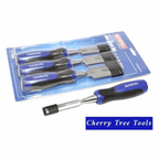 Faithfull 4pc bevel Edge Butt Chisels Set - in packaging showing precision woodworking tools.