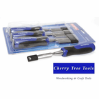 Faithfull 4pc bevel edge Butt Chisels Set - with four chisels in packaging, ideal for woodworking and DIY projects.